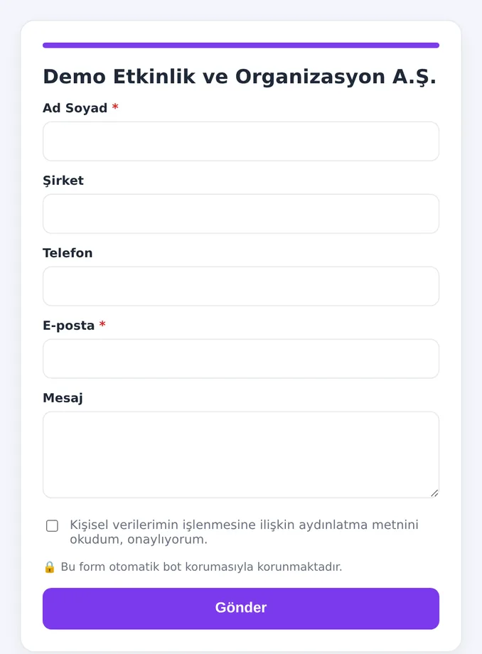 Ziyaretçinin gördüğü talep formu: şirket unvanı ve marka rengiyle; ad soyad, şirket, telefon, e-posta ve mesaj alanları, KVKK onay kutusu ve bot koruması notu.